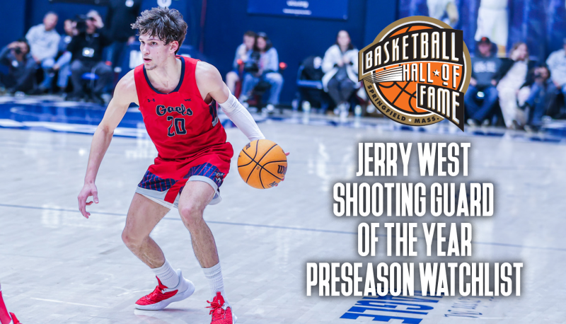 Basketball player Aidan Mahaney and words Basketball Hall of Fame: Jerry West Shooting Guard of the Year Preseason Watchlist