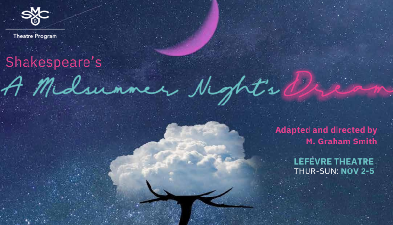 A white rose against a dark blue sky with "A Midsummer Night's Dream" adapted and directted by M. Graham Smith in LeFevre Theatre Nov. 2-5