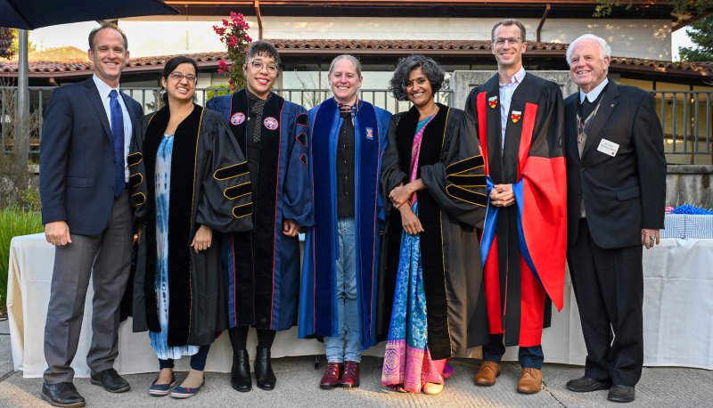 Five Saint Mary's faculty flanked by Provost Corey Cook and Interim President Brother Thomas Jones, FSC, at a tenure celebration September 2023
