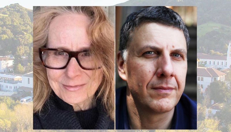 Writers Marilyn Abildskov and Matthew Zapruder with a screened-back image of the Saint Mary's campus