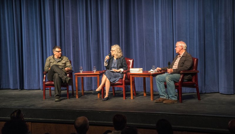Matthew Zapruder, Brenda Hillman, and Robert Hass '63 onstage at LeFevre Theater