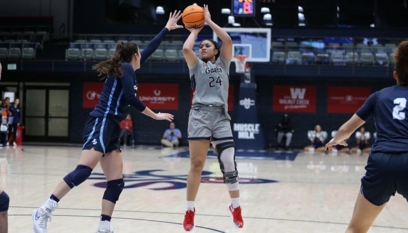 Women's basketball player Zeryhia Aokuso shoots against USD in January 2024