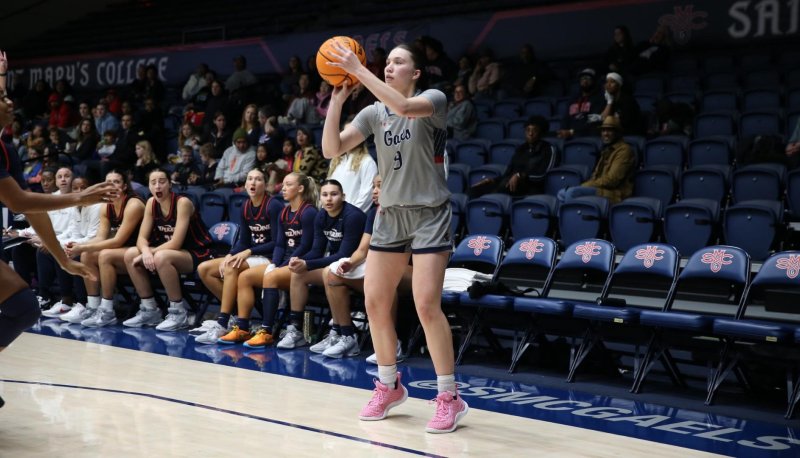 Women's basketball player Maia Jones shoots against Pepperdine in February 2024