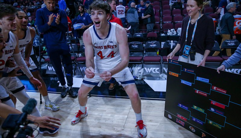 Men's Basketball Player Alex Ducas celebrates at the WCC Semifinals, March 2024