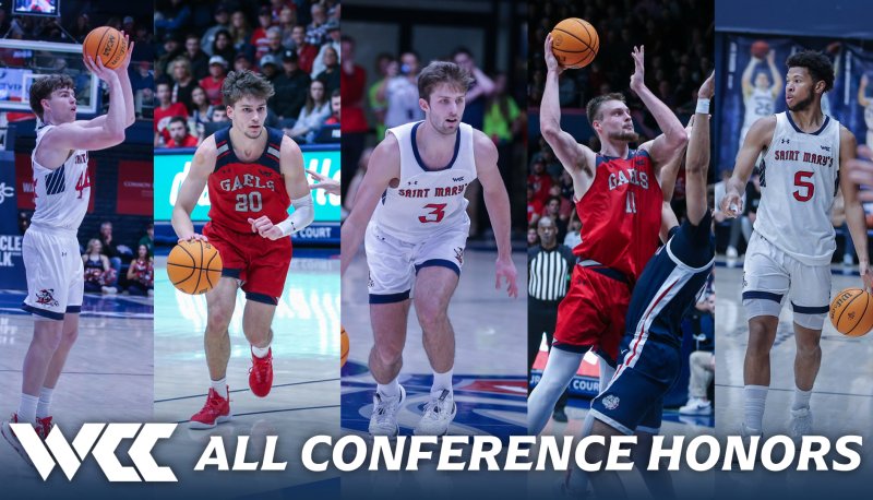 Five men's basketball players and the text "WCC All Conference Honors"