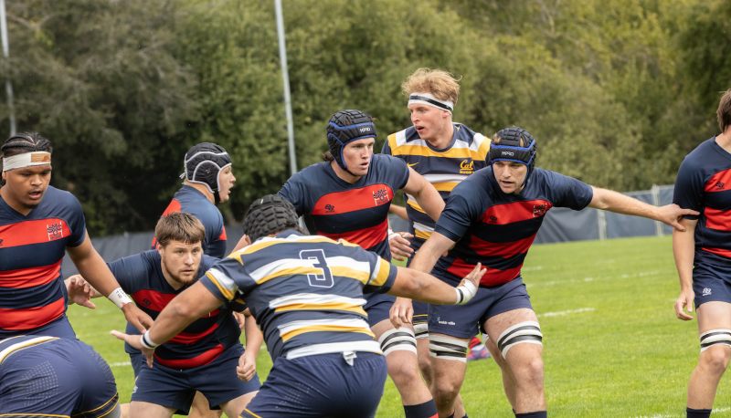 Pictured from left to right, King Matu ‘24, Hunter Chuhlantseff ‘24 MA, Matthew Abbes ‘26 and Cathal Coakley ‘24 are ready to attack while UC Berkeley attempt to pass the ball. / Photo by Rebecca Harper