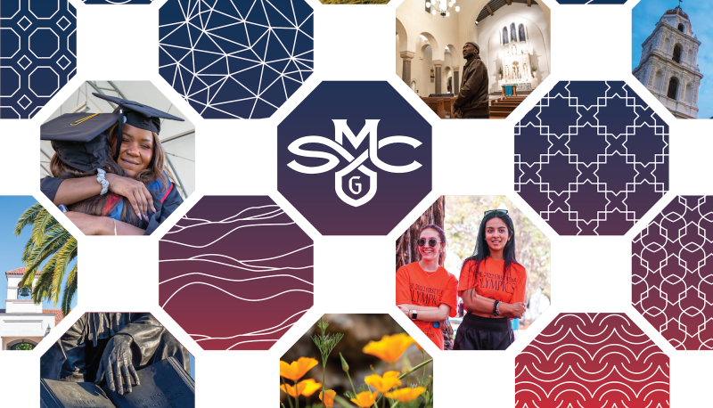 Saint Mary's College of California logo and hexagons with images of students, alumni, and campus