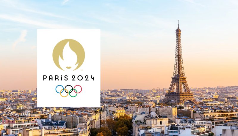 Paris skyline with Paris 2024 Olympics logo in foreground