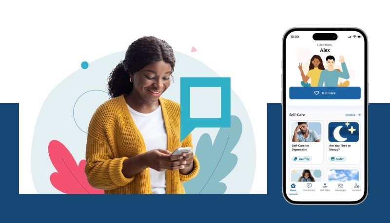 Woman holding phone with illustration to right from TimelyCare App