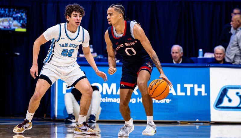 Men's Basketball player Mikey Lewis with the ball against San Diego in January 2025