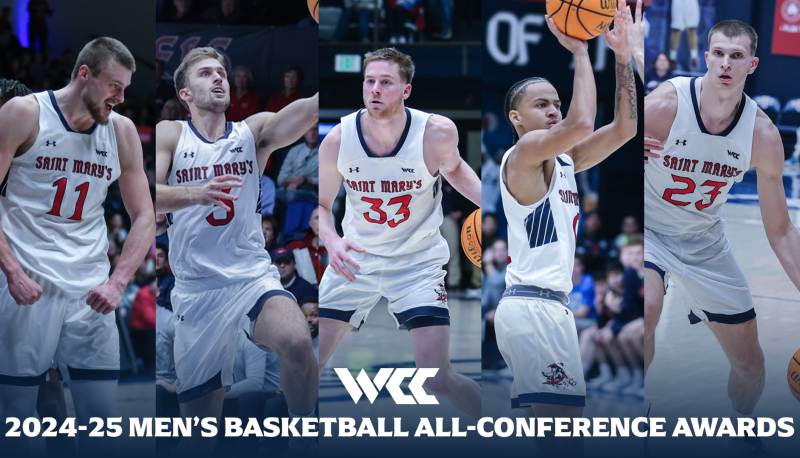 Five Men's Basketball Players and the text "WCC All Conference Honors"