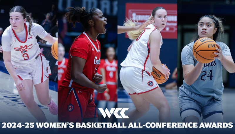 Women's Basketball 2025 award winners with text WCC 2024-25 Women's Basketball All-Conference Awards