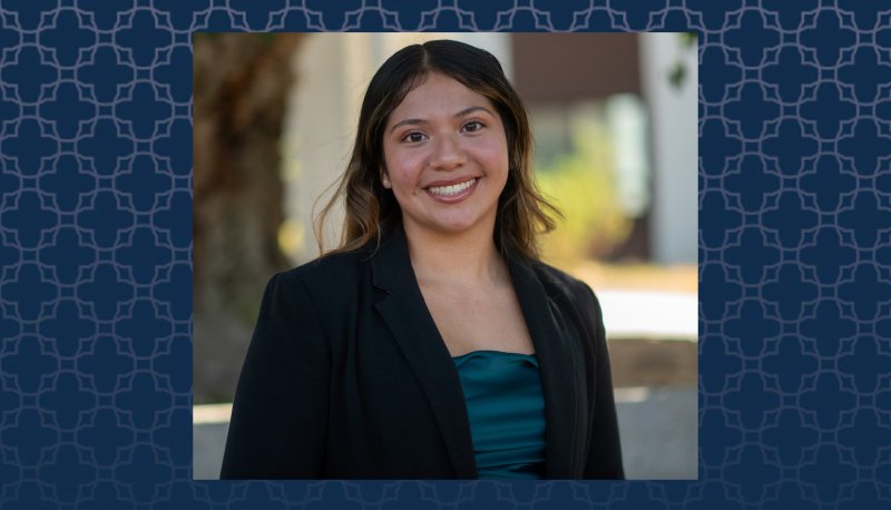 Photo of student Rose Velasquez with a blue patterned background
