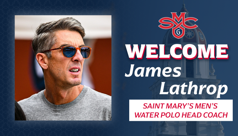 Photo of James Lathrop with text Welcome James Lathrop, Saint Mary's Men's Water Polo Head Coach