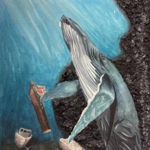 ROW Art Winner 2022; a whale emerging from the depths of the ocean, surrounded by debris