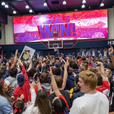 SMC students celebrating the basketball win over Gonzaga