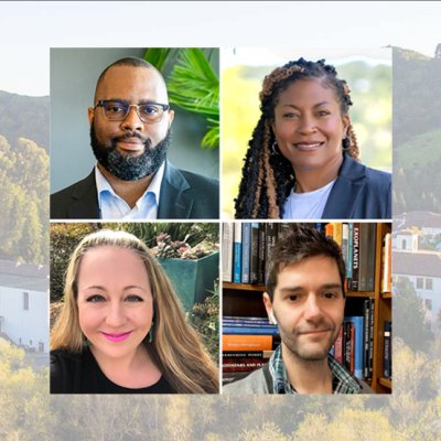 Four Saint Mary's faculty members against a campus backdrop - faculty award winners 2023