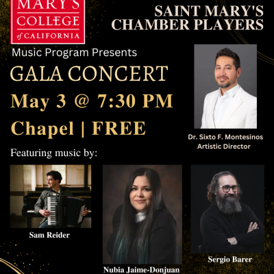 Gala Concert flyer with image of Dr. Sixto Montesinos and composers Sam Reider, Nubia Jaime Donjuan