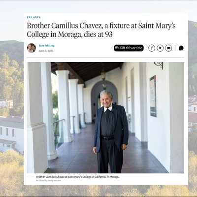 Brother Camillus Chavez obituary in SF Chronicle against a backdrop of the Saint Mary's Campus