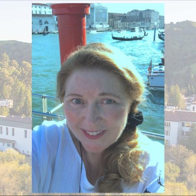 Saint Mary's Professor Costanza Dopfel and a screened-back image of the SMC Campus