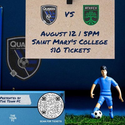 Soccer player figure with sign for Earthquakes II game at Saint Mary's August 12