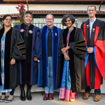 Five Saint Mary's faculty flanked by Provost Corey Cook and Interim President Brother Thomas Jones, FSC, at a tenure celebration September 2023