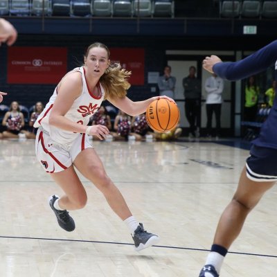 Women's basketball player Emily Foy drives against Montana State in December 2023