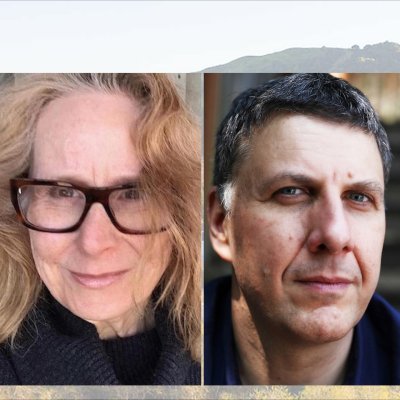 Writers Marilyn Abildskov and Matthew Zapruder with a screened-back image of the Saint Mary's campus