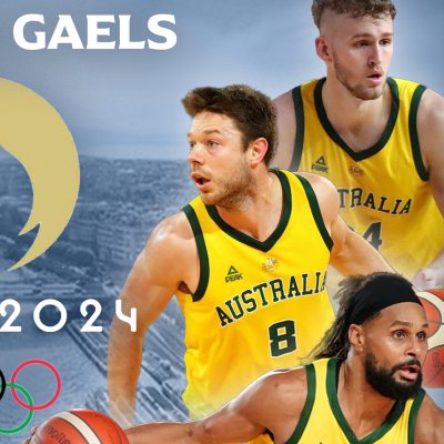 3 basketball players and 2 coaches from SMC with Australian Olympic basketball team, and text OLYMPIC GAELS and PARIS 2024