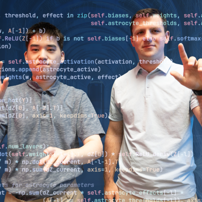 Connor Li and Nate Isaeff with computer code overlaid