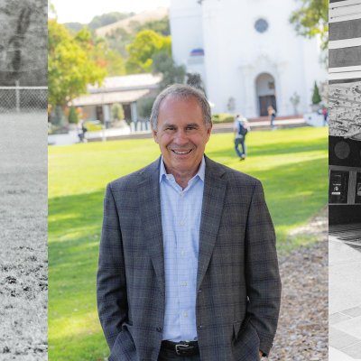Paul Stich ’79, who was awarded the 2024 Patrick B. Vincent Lifetime Achievement Award pictured playing rugby (left) and sharing his musical talent as a Saint Mary’s College student (right).