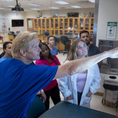 Professor in blue scrubs pointing to an Xray as students look at it in the foreground