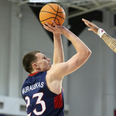 Men's Basketball player Paulius Murauskas shoots against LMU on February 27, 2025