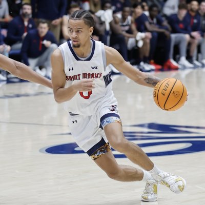 Men's basketball player Mikey Lewis drives against Gonzaga on February 1, 2025