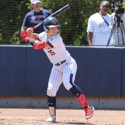 Softball player Sam Buckley at the plate in May 2025 against San Diego