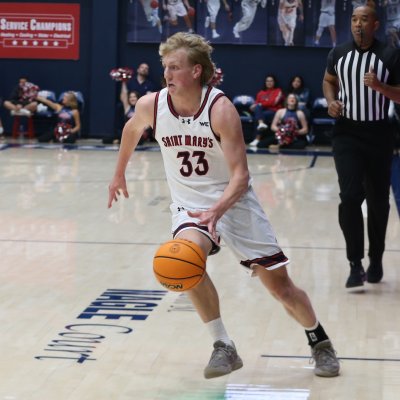 SMC Men's Basketball player Liam Campbell drives against Ohio in November 2025