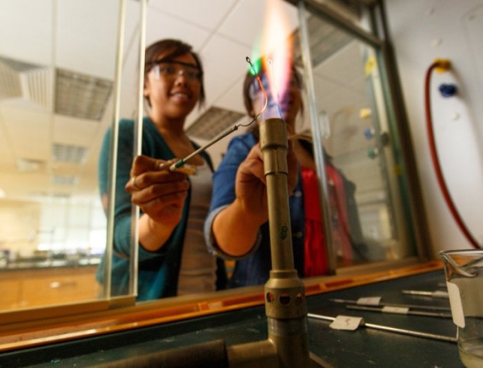 student placing stick over fire