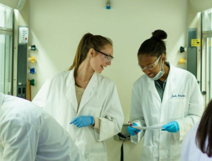 four students in lab