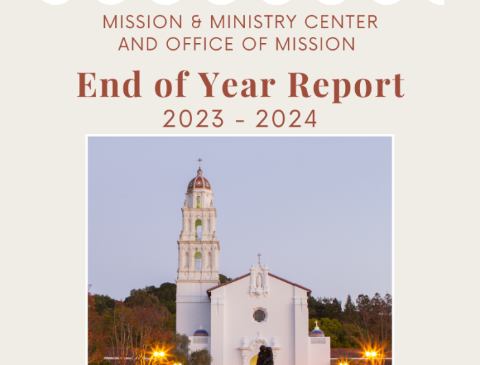 Image of the SMC Chapel with the text Mission & Ministry Center and Office of Mission End of Year Report 2023-2024