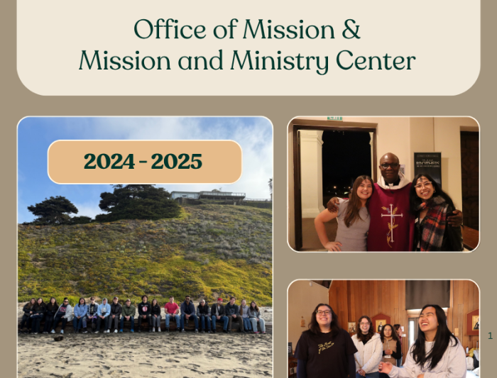 Images of SMC students at the beach, with the chaplain, and at a retreat with the text for the End Of Year Report, Office of Mission & Mission and Ministry Center