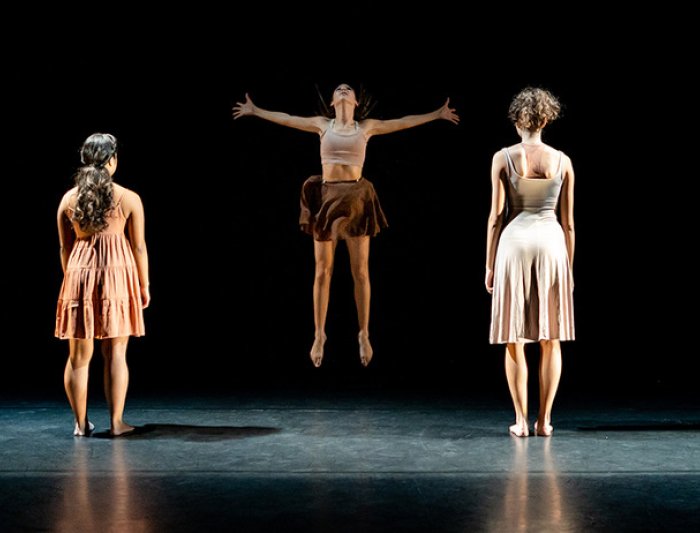 A group of dancers with their backs to the audience while the middle dancer jumps