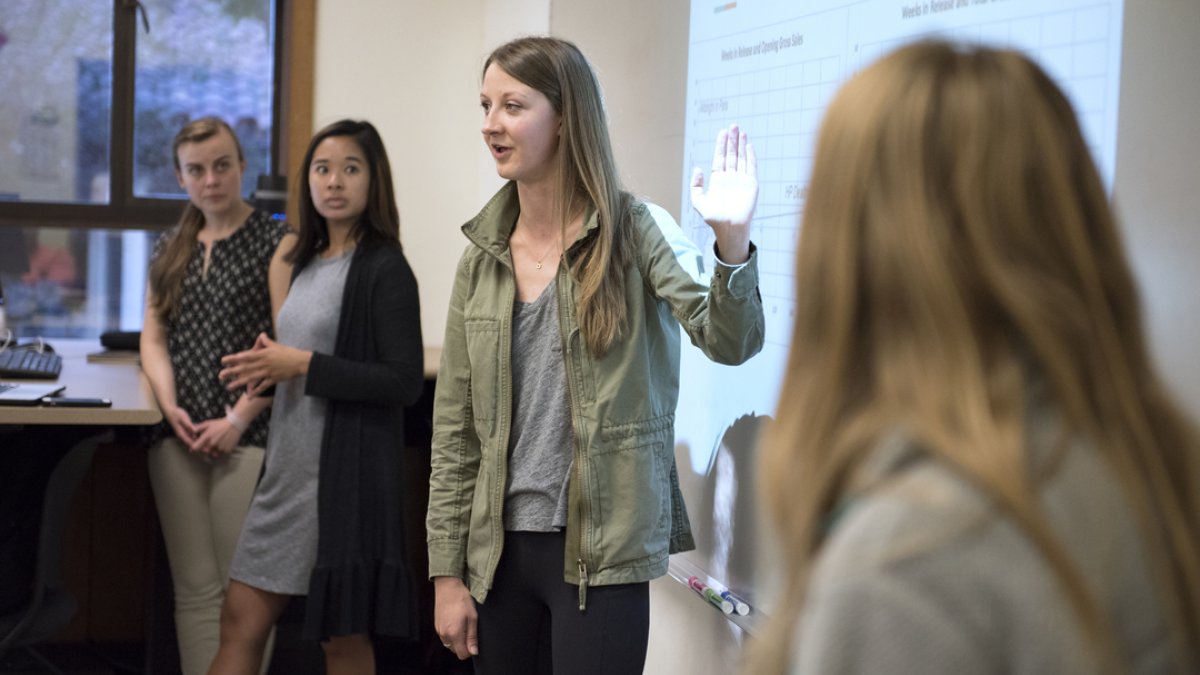Four students presenting a slideshow