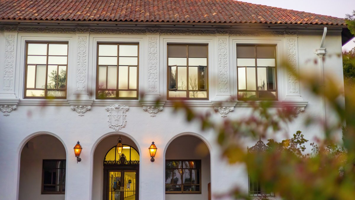Front of Galileo Hall at dusk