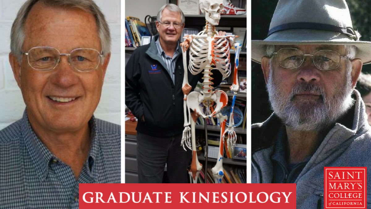Three photos of Dr. Craig Johnson: two faculty profile photos (one in an Indiana Jones-esque hat) and one of him posing with a Kinesiology department skeletal model.
