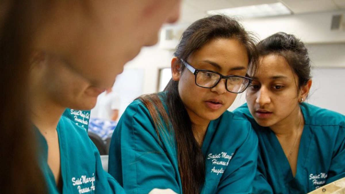 students in coats pointing with gloves