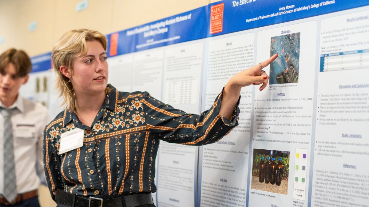 Student pointing at a poster